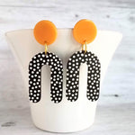 Large Chunky Earrings, 80s style earrings, 80's earrings, black white polka dot earring, U shape earrings acrylic dangle 2 in orange acetate - Constant Baubling