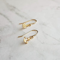 Anchor & Helm Earrings, tiny 14K gold plated mismatched nautical boat wheel on small simple ear hooks, beach vacation jewelry, little dangle - Constant Baubling