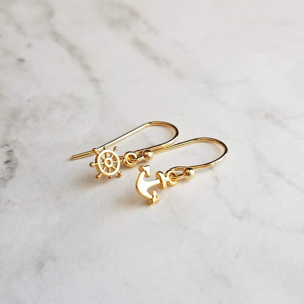 Anchor & Helm Earrings, tiny 14K gold plated mismatched nautical boat –  Constant Baubling