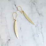 Gold Sliver Earrings - long thin modern crescent moon sliver on kidney latch ear wire hook, 2.4 inch narrow line earring, flat curved bar - Constant Baubling