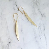 Gold Sliver Earrings - long thin modern crescent moon sliver on kidney latch ear wire hook, 2.4 inch narrow line earring, flat curved bar - Constant Baubling