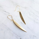 Gold Sliver Earrings - long thin modern crescent moon sliver on kidney latch ear wire hook, 2.4 inch narrow line earring, flat curved bar - Constant Baubling