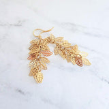 Shaggy Leaf Earrings - long thin gold cascade fringe of small little tiny staggered filigree leaves on simple dainty delicate hooks - Constant Baubling