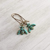 Patina Bee Earrings, small bee earring, rustic earring, bee dangle earring, verdigris patina earring, kidney ear hook bumblebee earring aqua - Constant Baubling