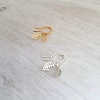 Tiny Gold Earrings - little leaves with filigree cut out design/scallop edge, 14K solid gold or gold fill upgrade hooks, small leaf charm - Constant Baubling