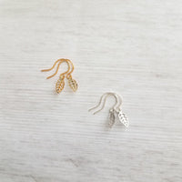 Tiny Gold Earrings - little leaves with filigree cut out design/scallop edge, 14K solid gold or gold fill upgrade hooks, small leaf charm - Constant Baubling