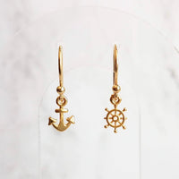 Anchor & Helm Earrings, tiny 14K gold plated mismatched nautical boat wheel on small simple ear hooks, beach vacation jewelry, little dangle - Constant Baubling