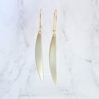 Gold Sliver Earrings - long thin modern crescent moon sliver on kidney latch ear wire hook, 2.4 inch narrow line earring, flat curved bar - Constant Baubling