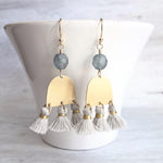 Gold Tassel Earrings, boho earring, grey tassel, small gold dangle, tiny tassel, brass semicircle, smoky blue gray bead, faceted glass bead - Constant Baubling