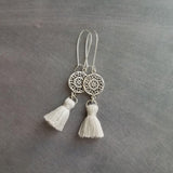 Silver Boho Earrings, tassel earrings, silver medallion earrings, floral mandala earrings, long silver dangle, kidney hook, filigree earring - Constant Baubling