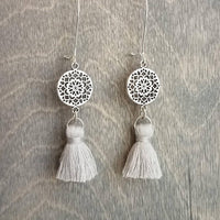 Silver Boho Earrings, tassel earrings, silver medallion earrings, floral mandala earrings, long silver dangle, kidney hook, filigree earring - Constant Baubling