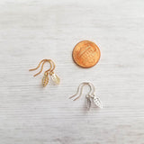 Tiny Gold Earrings - little leaves with filigree cut out design/scallop edge, 14K solid gold or gold fill upgrade hooks, small leaf charm - Constant Baubling