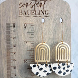 Large Leopard Print Earrings - gold brass rainbow arches w/ black white pony cow spots, long latching kidney ear hooks, 3 inch, cork leather - Constant Baubling