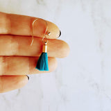 Tassel Earrings - gold cap fringe on fancy 4 ball hooks in teal, pale light blue, bright orange, hot/fuchsia pink, silky colorful jewelry - Constant Baubling