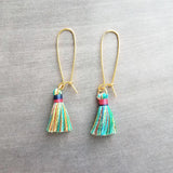 Colorful Tassel Earrings, long tassel earring, multicolor tassel, rainbow tassel earring, kidney wire earring, gold tassel earring, latching - Constant Baubling