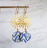 Blue Gold Sun Earrings, Moroccan earring, cork earring, blue white earring, tile pattern earring, sun ray dangle, 2.5 inch long, sunshine - Constant Baubling