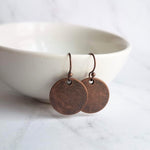 Copper Disk Earrings, aged copper earring, copper circle earring, flat circle earring, small copper disk earring antique copper disk earring - Constant Baubling