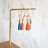 Tassel Earrings - gold cap fringe on fancy 4 ball hooks in teal, pale light blue, bright orange, hot/fuchsia pink, silky colorful jewelry - Constant Baubling