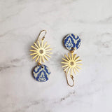 Blue Gold Sun Earrings, Moroccan earring, cork earring, blue white earring, tile pattern earring, sun ray dangle, 2.5 inch long, sunshine - Constant Baubling