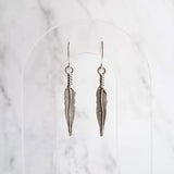 Thin Feather Earrings - long antique silver oxidized finish charm, narrow tribal feather, simple silver feather, plain feather earring - Constant Baubling