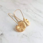 Lotus Leaf Earrings, gold lily pads, small lotus earring, little gold leaves, lilypad dangle earring, latching kidney wires, rebirth, frog - Constant Baubling