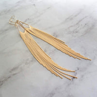 Gold Chain Fringe Earrings - thin snake chain strands, chain dangle, v shape, thin chain fringe, chain tassel, 5.6 inch extra long earring - Constant Baubling