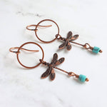 Dragonfly Earrings, bug earring, small dragonfly, rustic copper, antique copper earring, ornate earring, dragonflies copper turquoise dangle - Constant Baubling