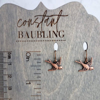 Copper Flying Bird Earrings - small oxidized antique finish charms & hooks, handmade couple/lover gift, bird watcher gift, little sparrow - Constant Baubling