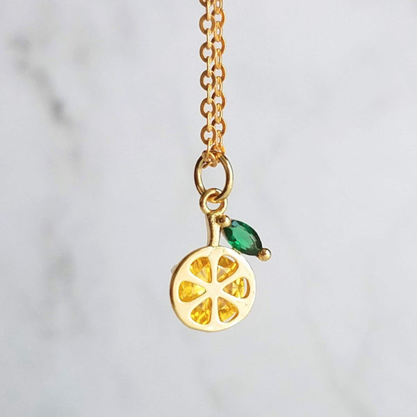 Lemon Necklace, small crystal lemon, lemon charm, fruit necklace