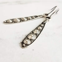 Long Narrow Teardrop Earrings - antique black accent Bali beaded ethnic design - little simple ball dot edge - Boho Bohemian teardrop - Constant Baubling