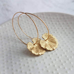 Lily Pad Earrings, large gold hoops, gold lilypad, gold lotus earring, lightweight hoops, lotus leaf earring, thin gold hoops, 2 inch hoops - Constant Baubling