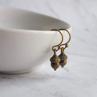 Small Acorn Earrings, dark antique brass acorns, bronze acorn, little acorn dangle, mini acorns, tree nut earring, squirrel earring, tiny - Constant Baubling