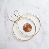 Large Gold Circle Earrings - simple thin hoop on latching kidney ear wire, large hoops, big circles, lightweight hoop, everyday earrings, 2" - Constant Baubling