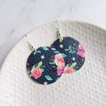 Navy Floral Print Earrings, blue faux leather circle, peony flower, 80's style, pink purple flower earrings, rose earring, large round - Constant Baubling