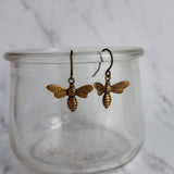 Little Bee Earrings, small antique brass bee earring, bumblebee earring, flying bee earring, bronze honey bee earring, bee dangle earring - Constant Baubling