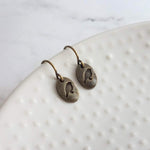 Little Bird Earrings - antique bronze oval, oblong tag, brass tag earrings, small bird earrings, baby bird earring, bird tag earring, tiny - Constant Baubling