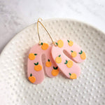 Orange Fruit Earrings - large thick pink acrylic u shape arches, gold hoop earrings, orange print earring, 80s earring, chunky earrings - Constant Baubling