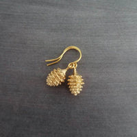 Gold Pine Cone Earrings, small pinecone earring, little pine cone, fall earring, autumn earring, matte gold harvest earring, nature earring - Constant Baubling