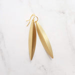 Long Gold Earrings, oval earring, simple gold earring, long simple gold earring, pod earring, folded leaf earring, long narrow earring - Constant Baubling