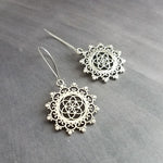 Silver Medallion Earrings, mandala earring, doily earring, lace earring, lacy earring, filigree earring, floral medallion, Boho earring - Constant Baubling