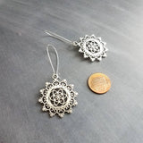 Silver Medallion Earrings, mandala earring, doily earring, lace earring, lacy earring, filigree earring, floral medallion, Boho earring - Constant Baubling