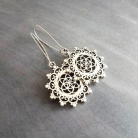 Silver Medallion Earrings, mandala earring, doily earring, lace earring, lacy earring, filigree earring, floral medallion, Boho earring - Constant Baubling