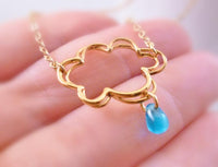 Raindrop Cloud Necklace, rain necklace, gold cloud, silver cloud necklace, electric blue drop, weather necklace, singing rain, storm pendant - Constant Baubling