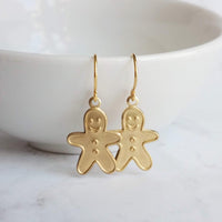 Gingerbread Men Earrings, gold dangle, little brass boy, cookie earring, small gingerbread, 14K SOLID GOLD hook opt, Christmas jewelry, Xmas - Constant Baubling