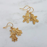 Gingerbread Men Earrings, gold dangle, little brass boy, cookie earring, small gingerbread, 14K SOLID GOLD hook opt, Christmas jewelry, Xmas - Constant Baubling