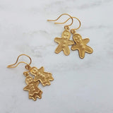 Gingerbread Men Earrings, gold dangle, little brass boy, cookie earring, small gingerbread, 14K SOLID GOLD hook opt, Christmas jewelry, Xmas - Constant Baubling