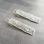 Long Silver Rectangle Earrings, skeleton leaf earring, organic shape earring, silver filigree earring, long thin rectangle earring, narrow - Constant Baubling