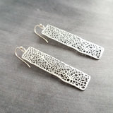 Long Silver Rectangle Earrings, skeleton leaf earring, organic shape earring, silver filigree earring, long thin rectangle earring, narrow - Constant Baubling