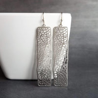 Long Silver Rectangle Earrings, skeleton leaf earring, organic shape earring, silver filigree earring, long thin rectangle earring, narrow - Constant Baubling