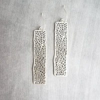 Long Silver Rectangle Earrings, skeleton leaf earring, organic shape earring, silver filigree earring, long thin rectangle earring, narrow - Constant Baubling